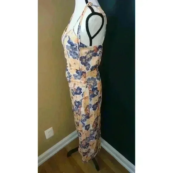 Tie Shoulder Bustier Smocked Split Floral Vacation Midi Slip Dress - Size M - Picture 7 of 15